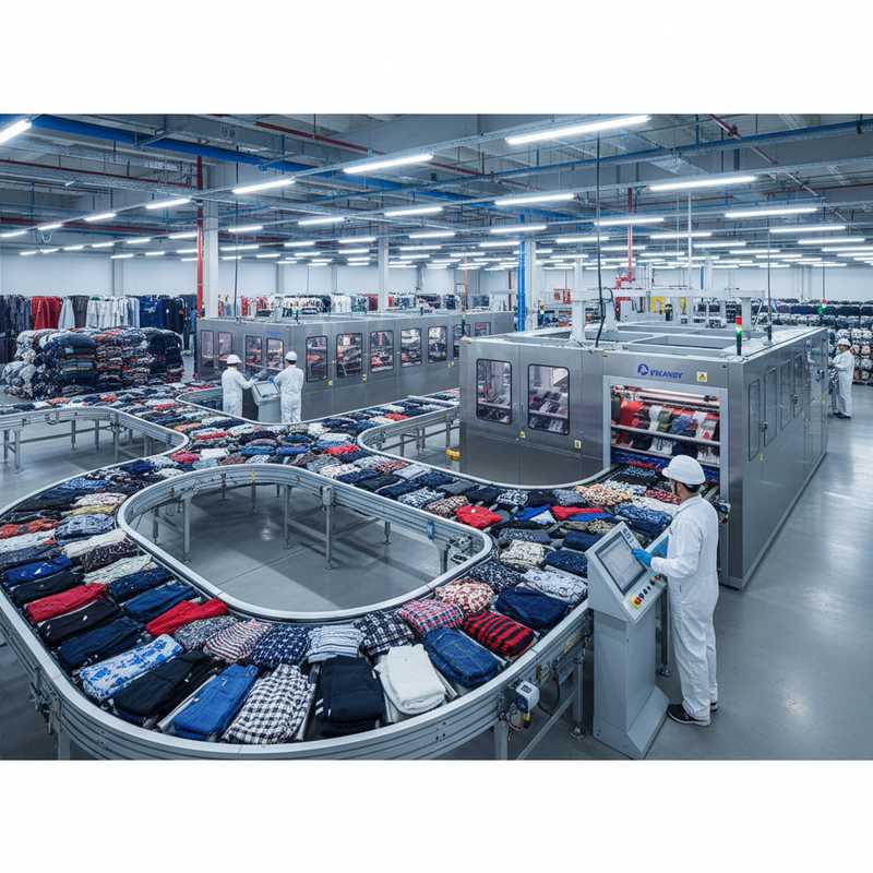Industriële textielrecyclingfaciliteit met geautomatiseerde sorteerlijnen die tweedehands kleding verwerken