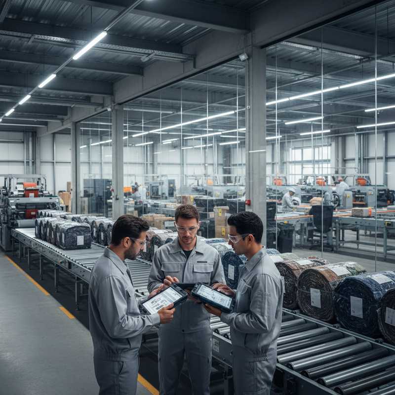 Medewerkers in textielsorteerbedrijf controleren digitale documenten op tablets bij geautomatiseerde sorteerbanden met textielbalen