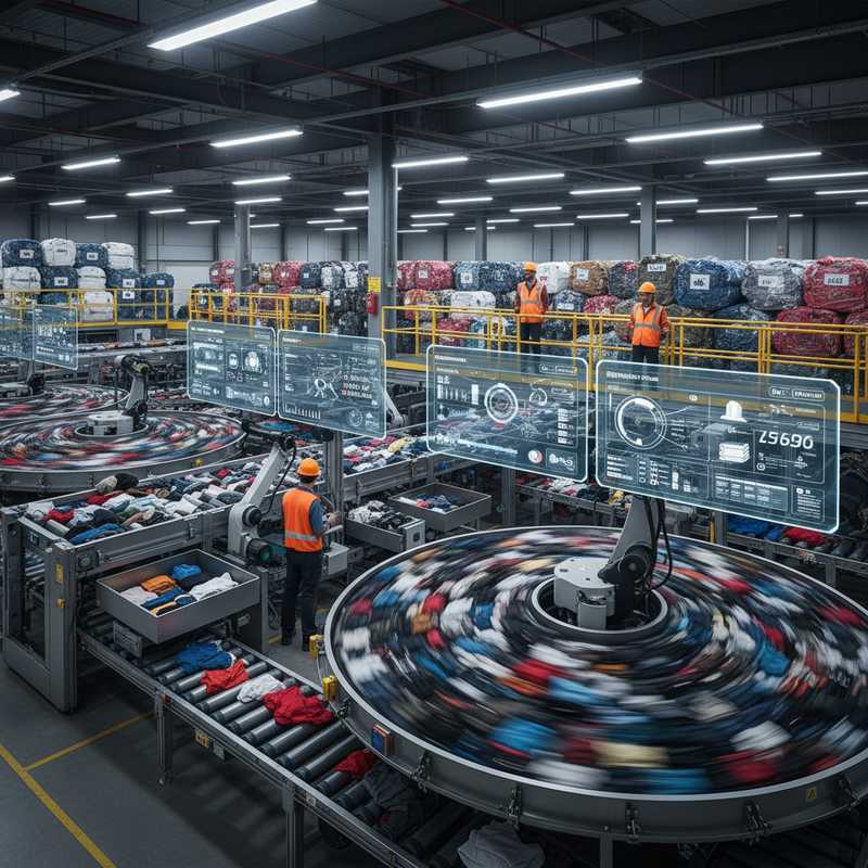 Moderne textielsorteerfaciliteit met geautomatiseerde transportbanden en werknemers die AI-sorteersystemen monitoren