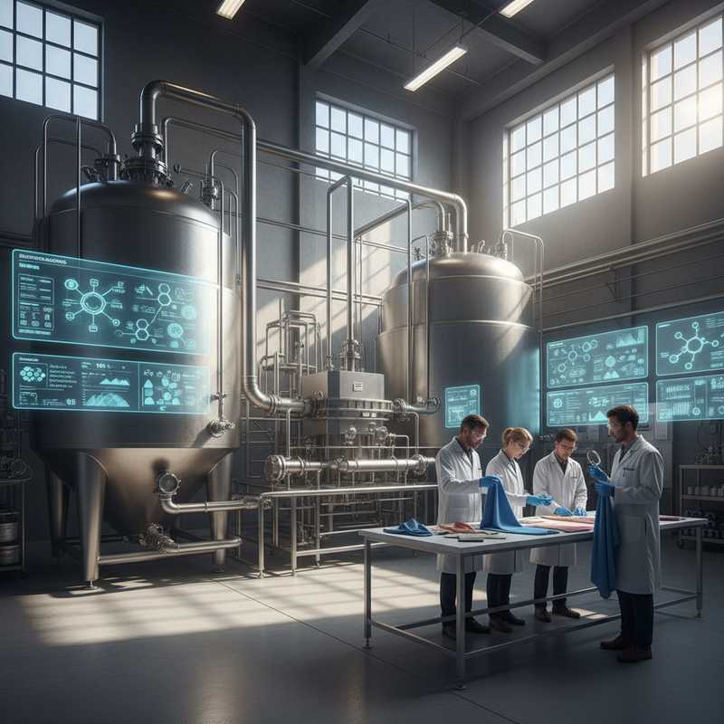 Moderne biotechnologie fabriek met stalen tanks voor enzymatische nylon recycling en medewerkers in laboratoriumjassen