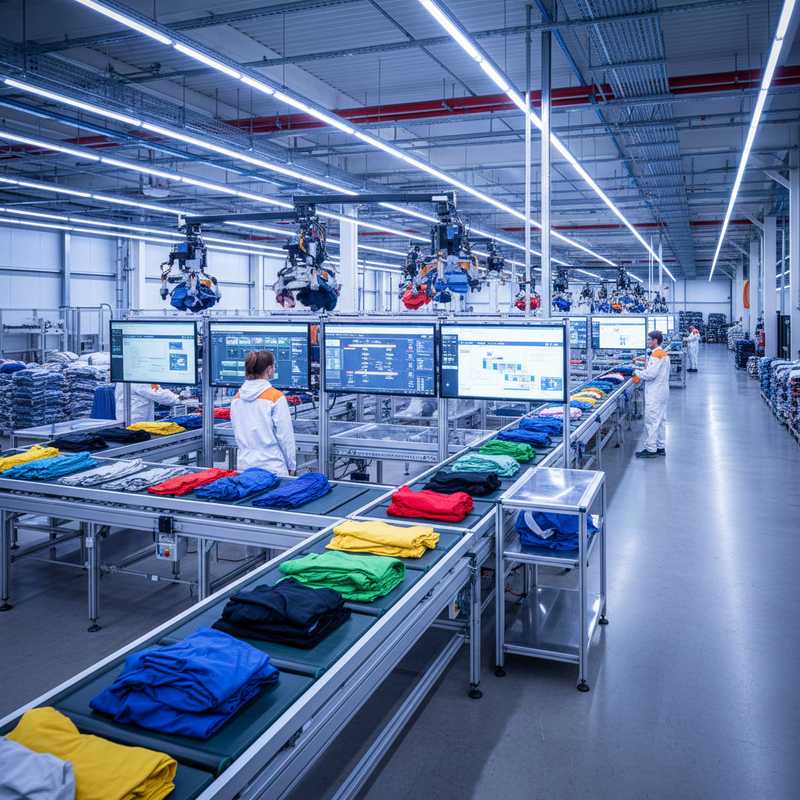 Moderne textielsorteerinstallatie met transportbanden vol kleurrijk textiel en werknemers die digitale sorteersystemen bedienen