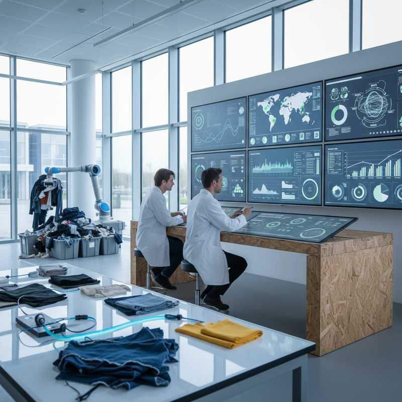Onderzoekers in Nederlands laboratorium analyseren textielmonsters met digitale technologie voor recycling