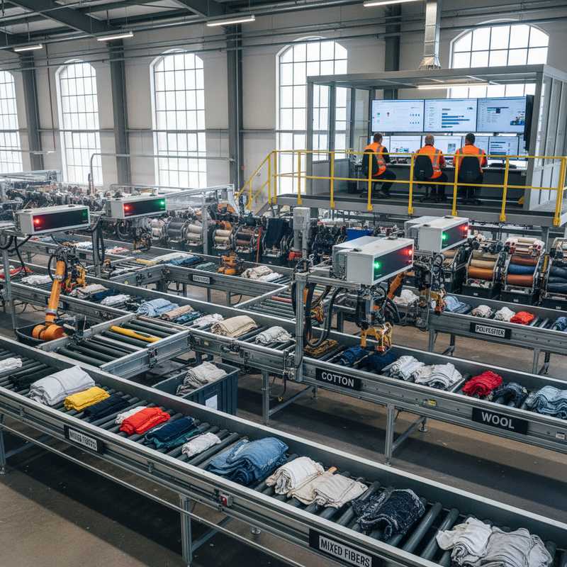 Moderne Nederlandse textielsorteerfaciliteit met geautomatiseerde sorteerbanden en werknemers die computersystemen monitoren