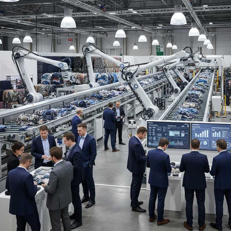 Overzicht van textielrecycling expo met geautomatiseerde sorteerapparatuur, gestapelde textielbalen en bezoekers die vezelsampels en digitale materiaaldata bekijken