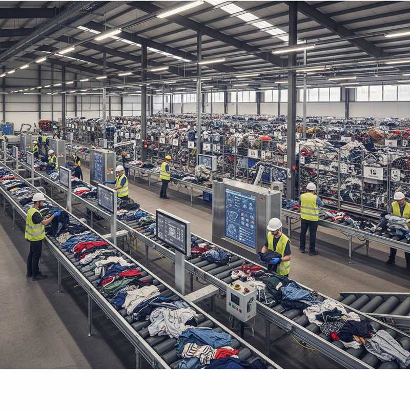 Industriële textielsorteerhal met transportbanden vol gebruikte kleding en medewerkers die kledingstukken inspecteren