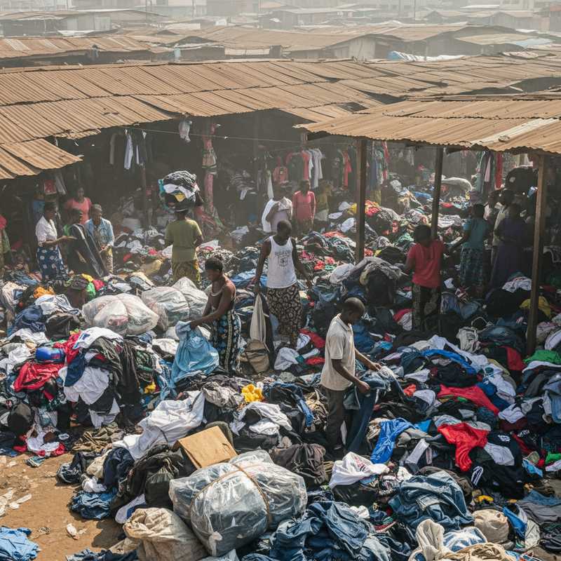 Drukke tweedehandskleding markt in Ghana met stapels geïmporteerde kleding en lokale handelaren die kwaliteit controleren