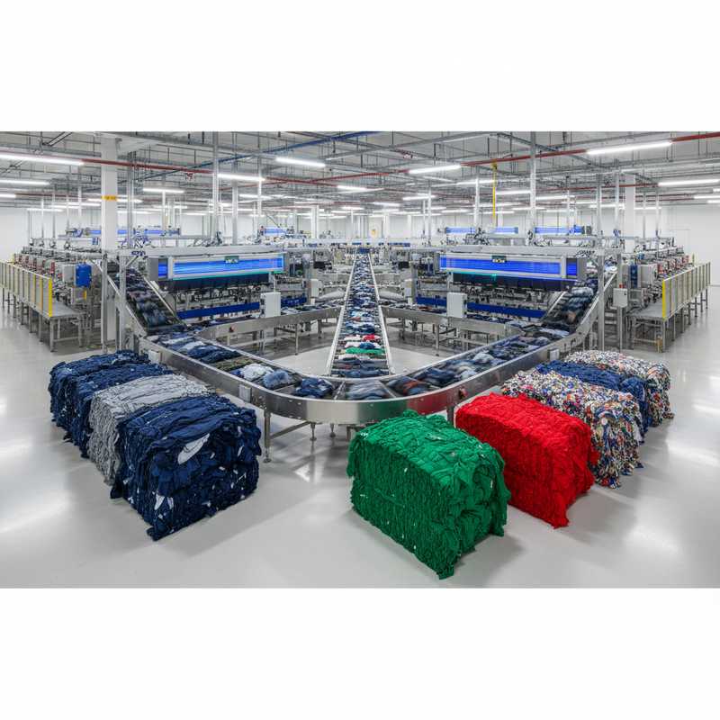 Moderne textielsorteerfaciliteit met geautomatiseerde transportbanden en gekleurde textielbalen