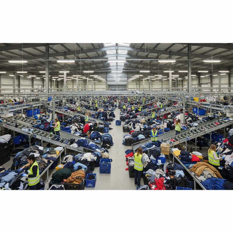 Medewerkers sorteren gebruikte kleding op transportbanden in groot Europees textiel sorteercentrum