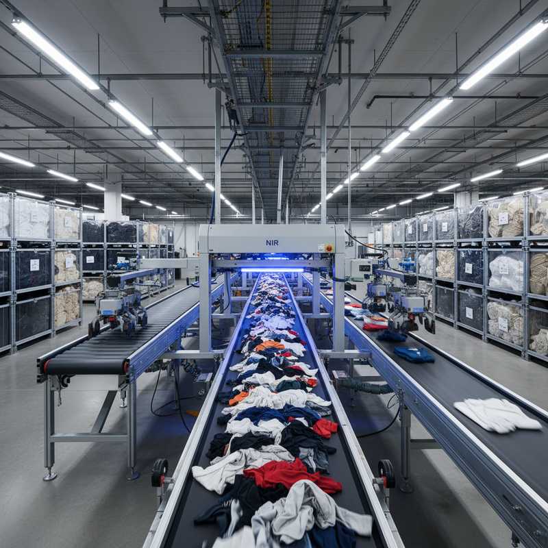 Geautomatiseerde textielsorteerinstallatie met NIR-technologie die polyestervezels identificeert op transportband in moderne recyclingfabriek