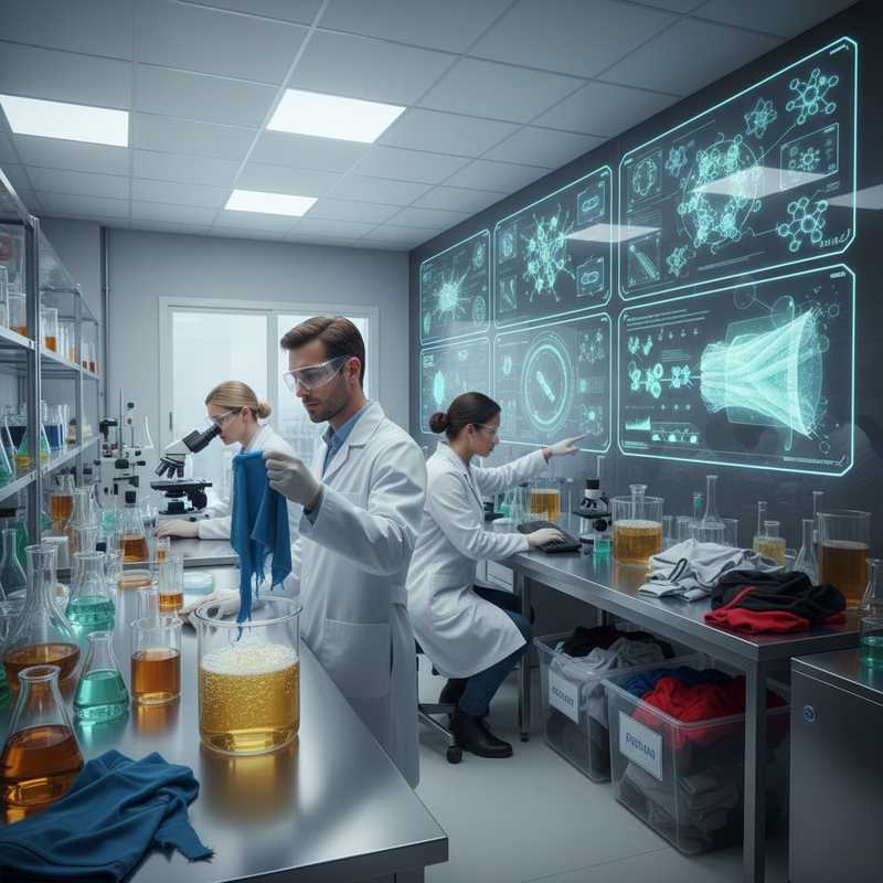 Wetenschappers in biotechnologielaboratorium werken met enzymen en textielvezels voor chemische recycling