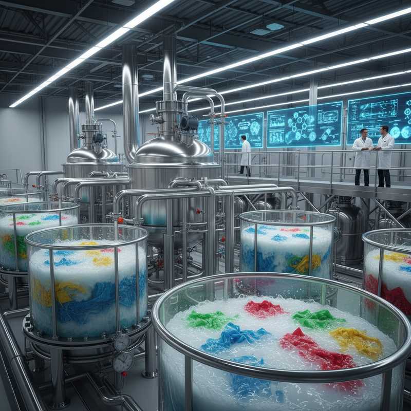 Moderne biorecyclingfaciliteit met enzymatische verwerking van nylon textielafval in industriële tanks