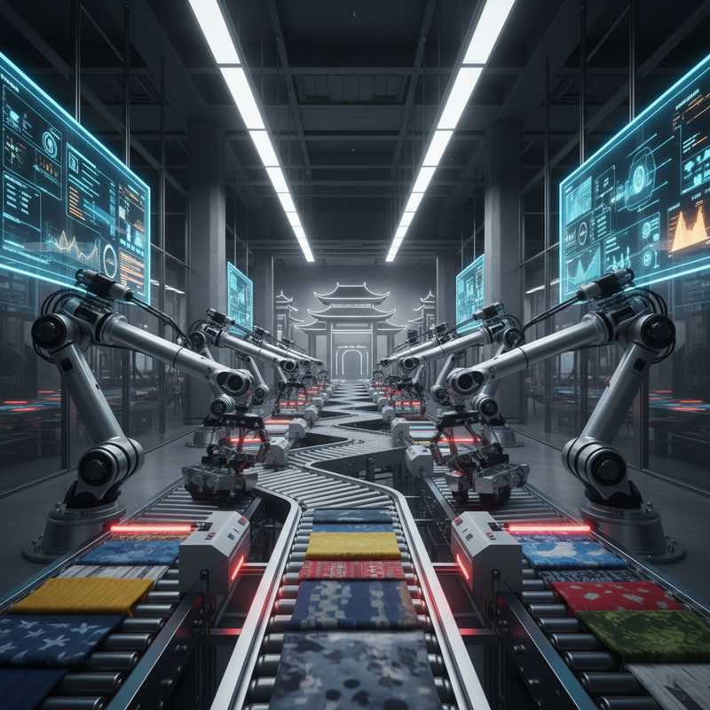 Moderne geautomatiseerde textielsorteerfaciliteit met robotarmen en transportbanden die kleurrijke stoffen verwerken met digitale schermen op de achtergrond