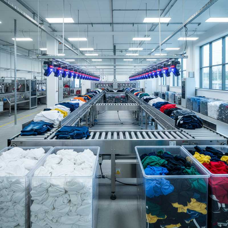 Moderne textielsorteercentrum met AI-technologie en transportbanden waar katoenrijke kledingstukken worden gesorteerd in monostromen
