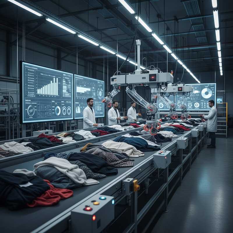 Industriële sorteerband met NIR-scanner die wolhoudende kledingstukken identificeert in textielrecyclingfaciliteit