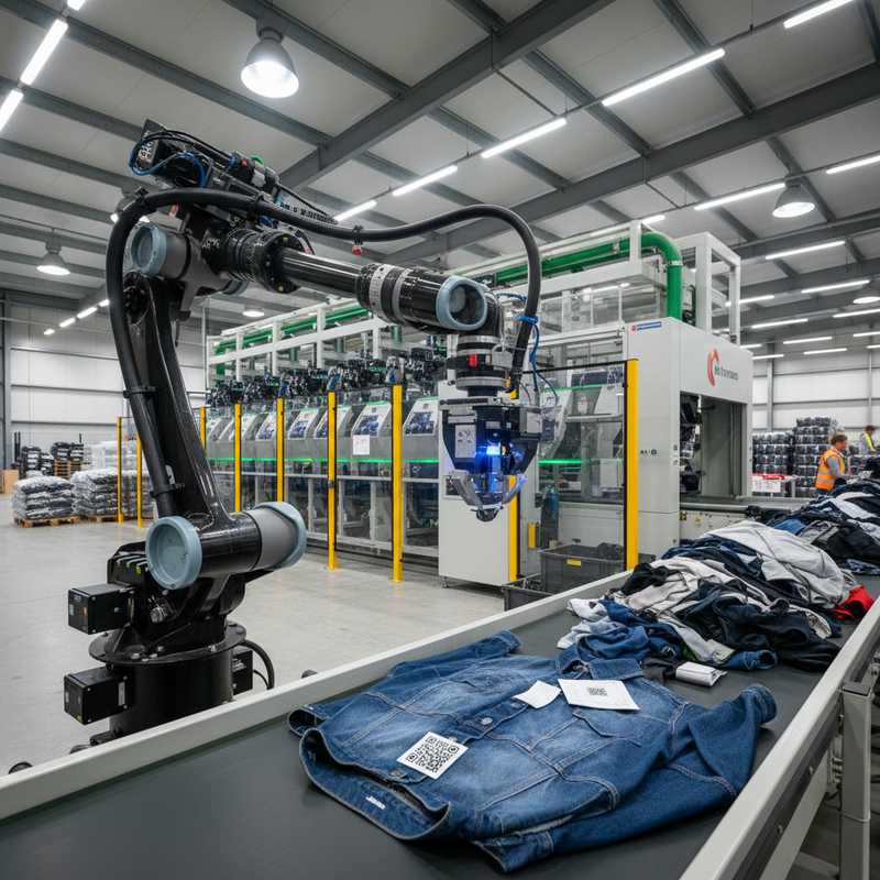 Robotarm scant QR-code op kledingstuk in geautomatiseerde textielsorteerinstallatie met NIR-technologie