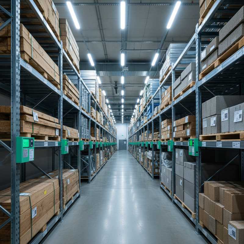 Georganiseerd magazijn met herbruikbare bouwmaterialen voorzien van digitale labels voor circulaire marktplaats