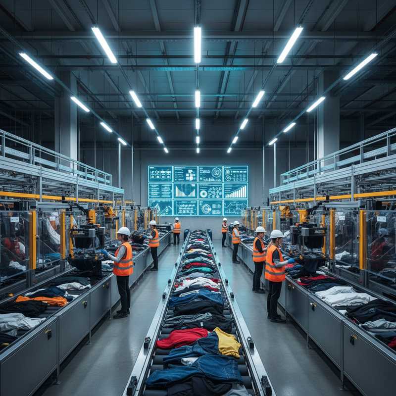 Werknemers in sorteercentrum met textielafval op transportbanden en digitale controlesystemen voor traceerbaarheid