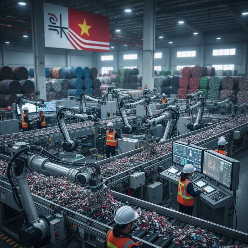 Moderne textielrecyclingfabriek in Azië met geautomatiseerde sorteerlijnen en robotarmen die textielafval verwerken