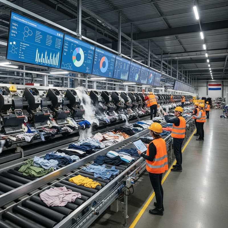 Moderne textielrecyclingfaciliteit met geautomatiseerde sorteermachines die textielafval verwerken onder toezicht van operators