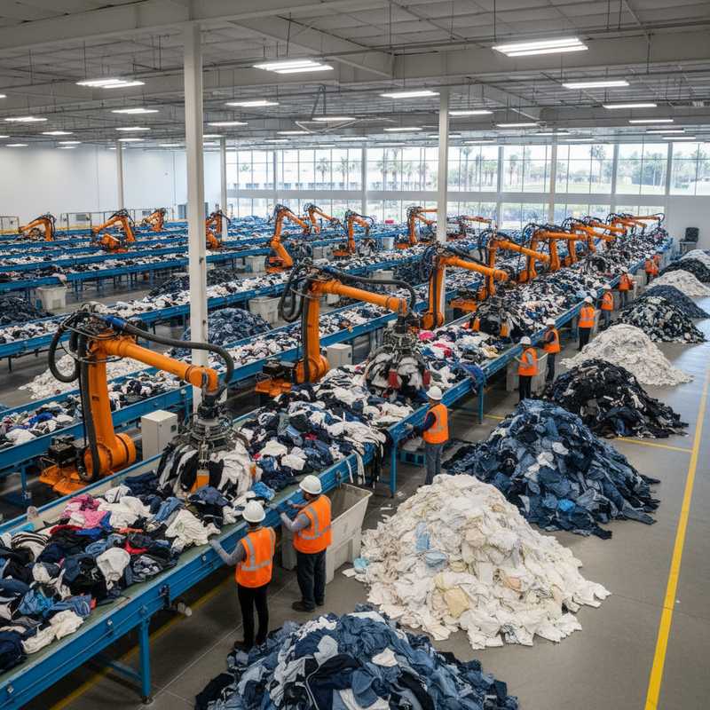 Modern textielsorteercentrum in Californië met geautomatiseerde sorteerlijnen en werknemers die gesorteerde textielstapels inspecteren