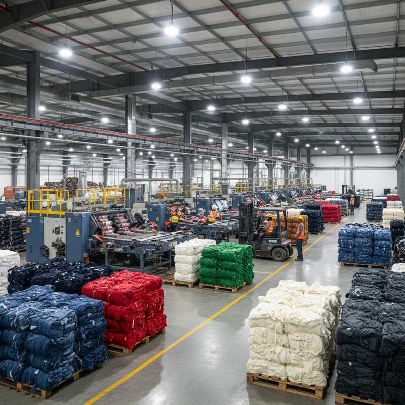 Modern textielrecyclingfaciliteit in Tirupur met sorteerinstallaties en textielafvalbalen