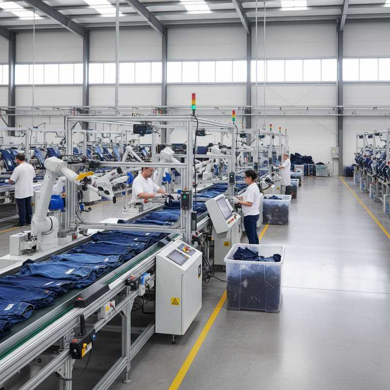 Werkers bedienen geavanceerde sorteermachines die stapels spijkerbroeken scheiden in moderne textielverwerkingsfaciliteit