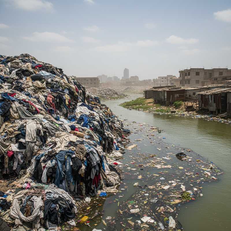 Grote hoeveelheid weggegooid synthetisch textiel en kleding op stortplaats in Afrika met zichtbare watervervuiling