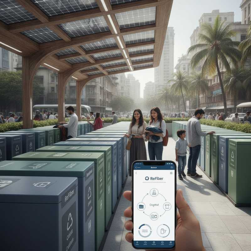 Textielinzamelpunt in Mumbai met bewoners die kleding inleveren en smartphone-app gebruiken voor registratie