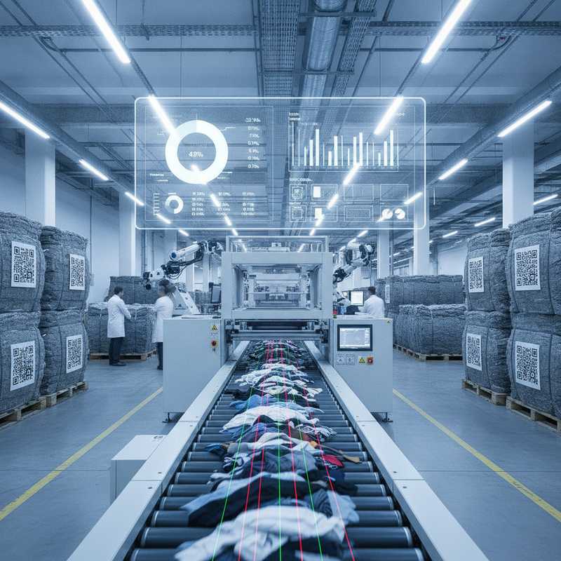 Moderne textielsorteerfaciliteit met NIR-scanapparatuur en digitale schermen die vezelsamenstelling tonen
