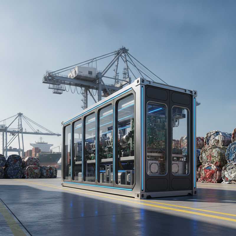 Modulaire chemische recyclingunit in containerformaat bij industriële havenfaciliteit
