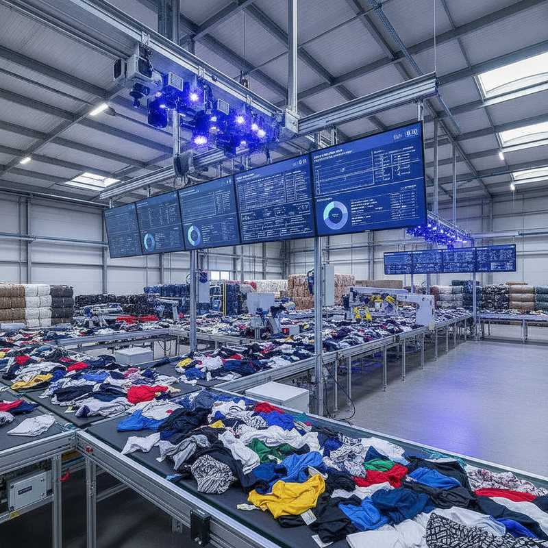 Geautomatiseerde textielsorteerinstallatie met transportbanden, kleding en scanapparatuur in Nederlandse recyclingfaciliteit