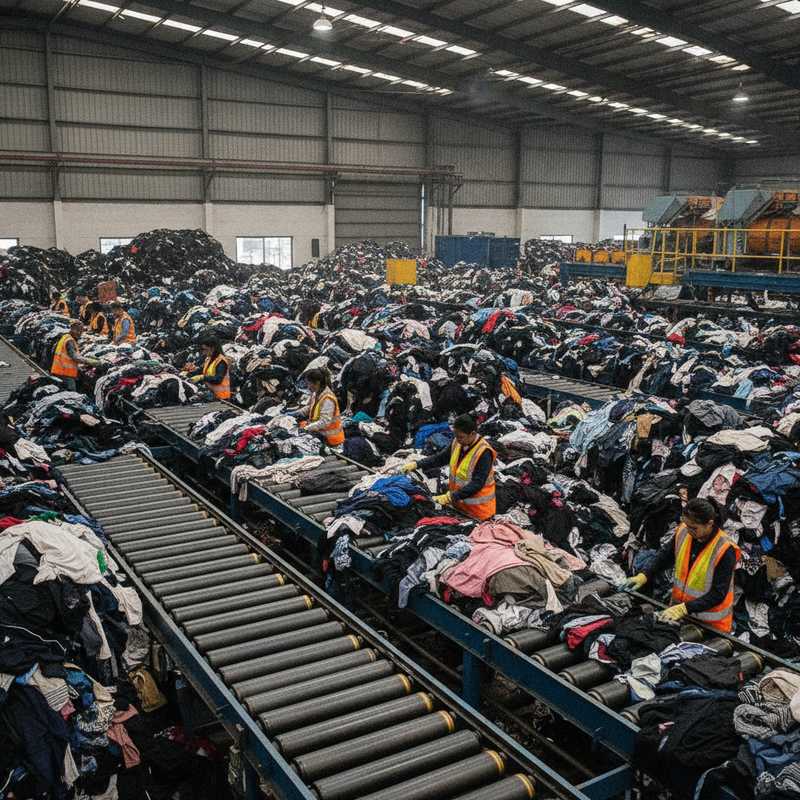Industriële textielsorteerhal met werknemers die grote hoeveelheden gedoneerde kleding op transportbanden sorteren