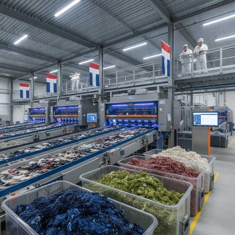 Moderne geautomatiseerde textielsorteerfaciliteit met NIR-scanners en sorteerlijnen in Nederland