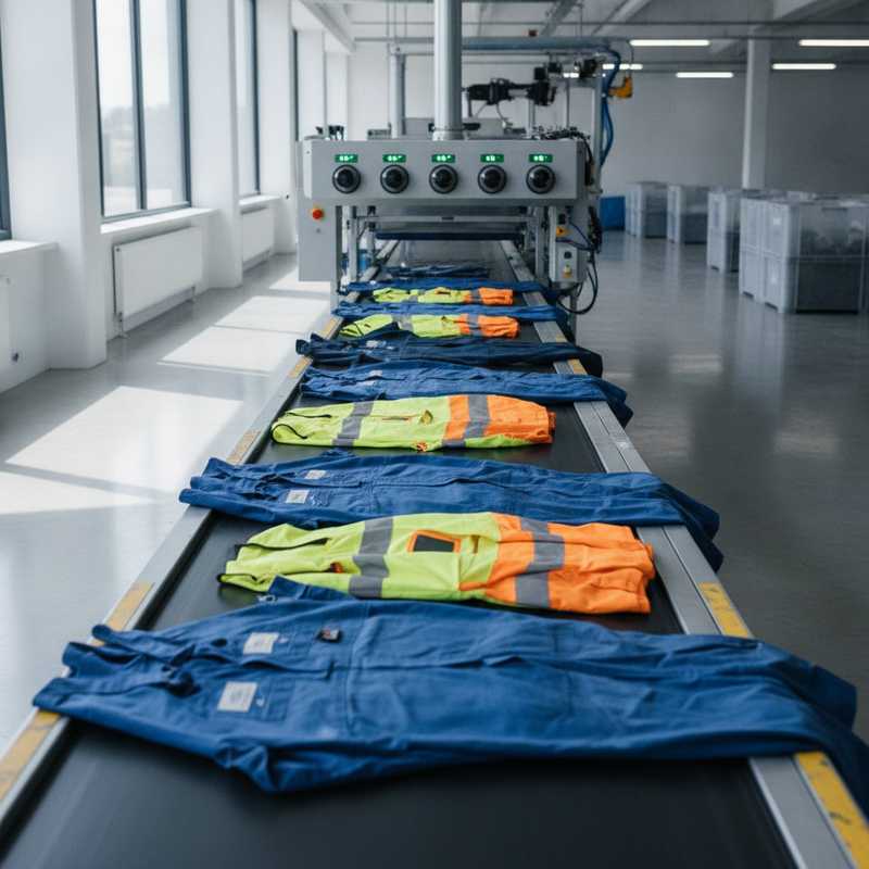 Industriële werkkleding op sorteerband in moderne textielrecyclingfaciliteit met geautomatiseerde sorteerapparatuur