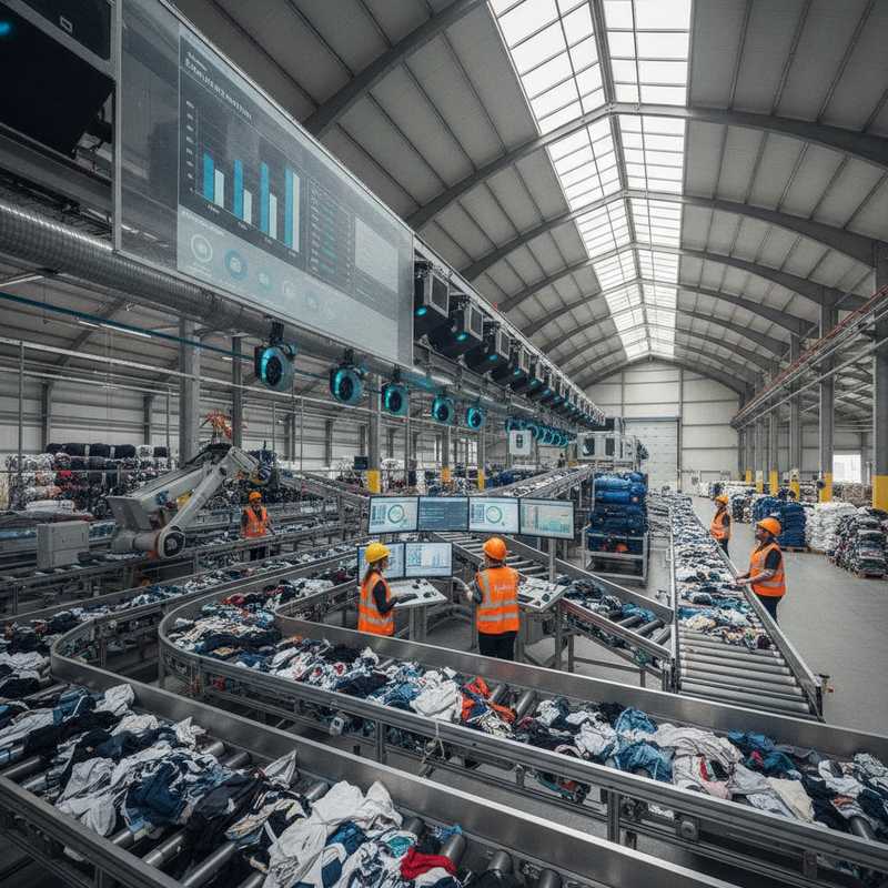 Moderne textielsorteerinstallatie met geautomatiseerde NIR-technologie en transportbanden vol textielstromen in industriële hal