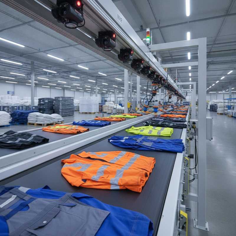 Werkkleding zoals hi-vis jassen en werkbroeken op een sorteerband in een moderne textielrecyclingfaciliteit met sorteertechnologie