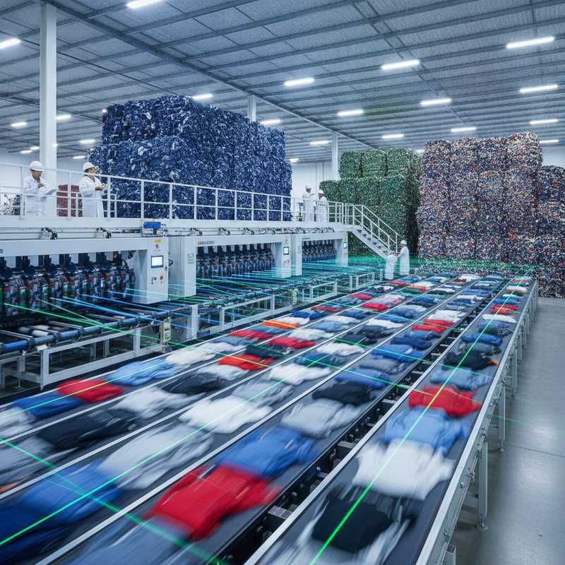Geautomatiseerde textielsorteerinstallatie met lopende band en gesorteerde textielstapels in industriële faciliteit