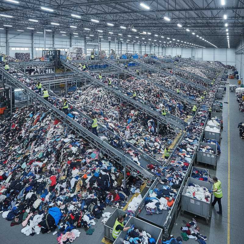 Industriële textielsorteerfaciliteit met transportbanden vol gebruikte kleding en medewerkers die handmatig textiel sorteren