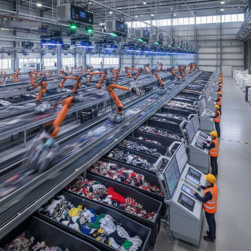 Moderne textielsorteerinstallatie met geautomatiseerde sorteertechnologie en transportbanden vol textiel