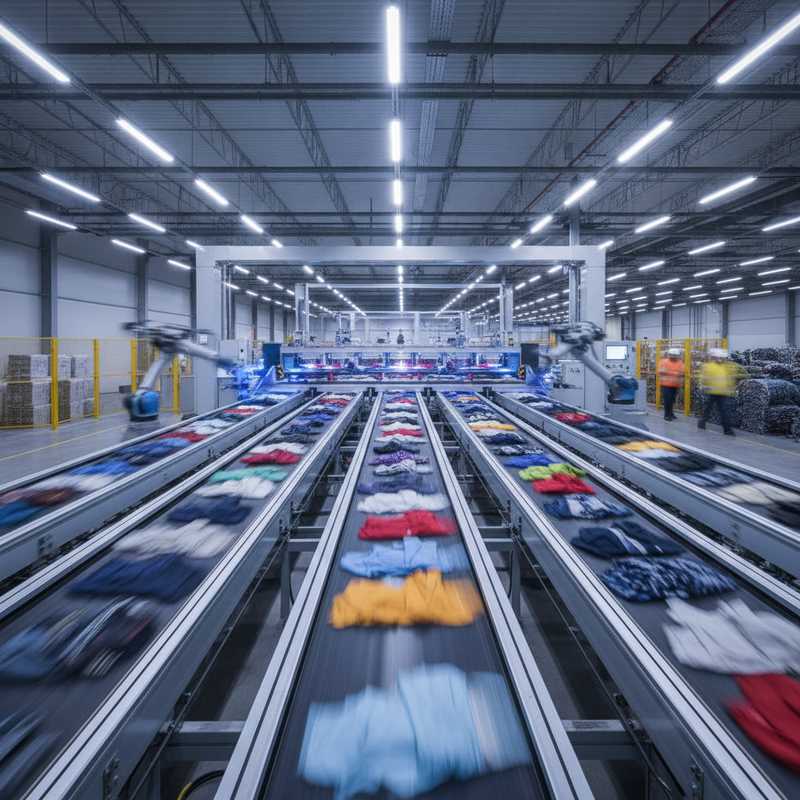 Modern geautomatiseerd textielsorteerbedrijf met robotarmen en transportbanden vol gebruikte kleding