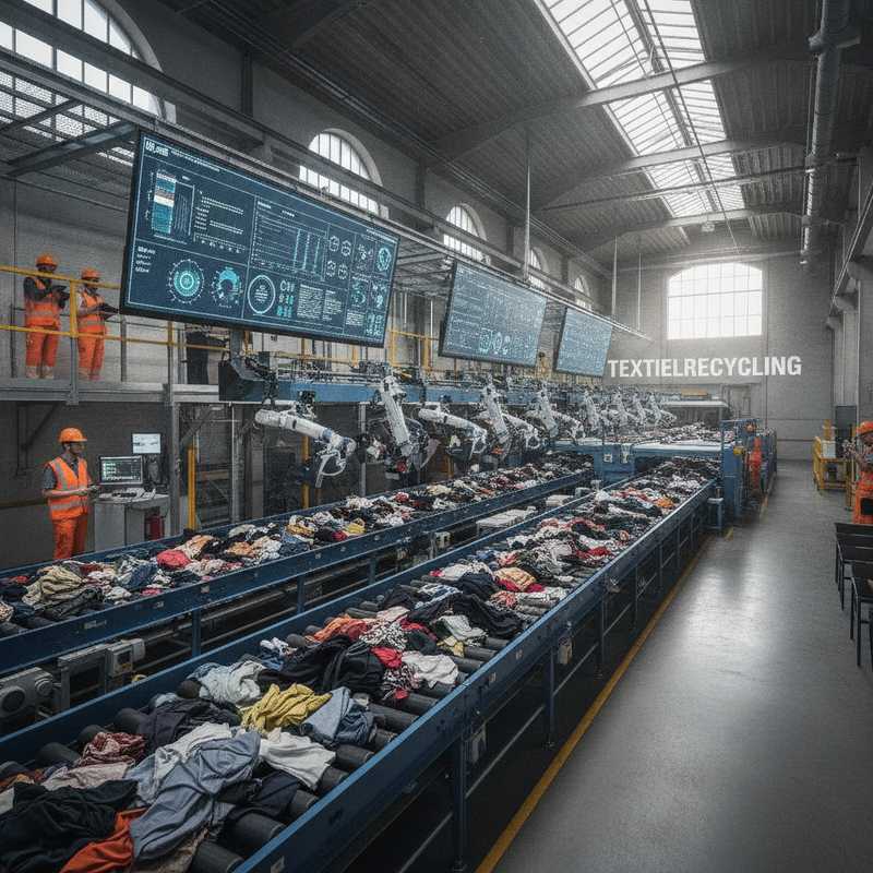 Moderne textielrecycling sorteerhal met geautomatiseerde AI-sorteersystemen en transportbanden met textielafval