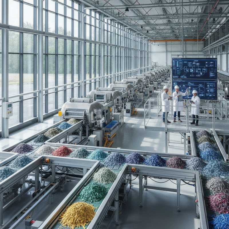 Modern textielrecycling facility met gesorteerde textielstromen en verwerkingsmachines