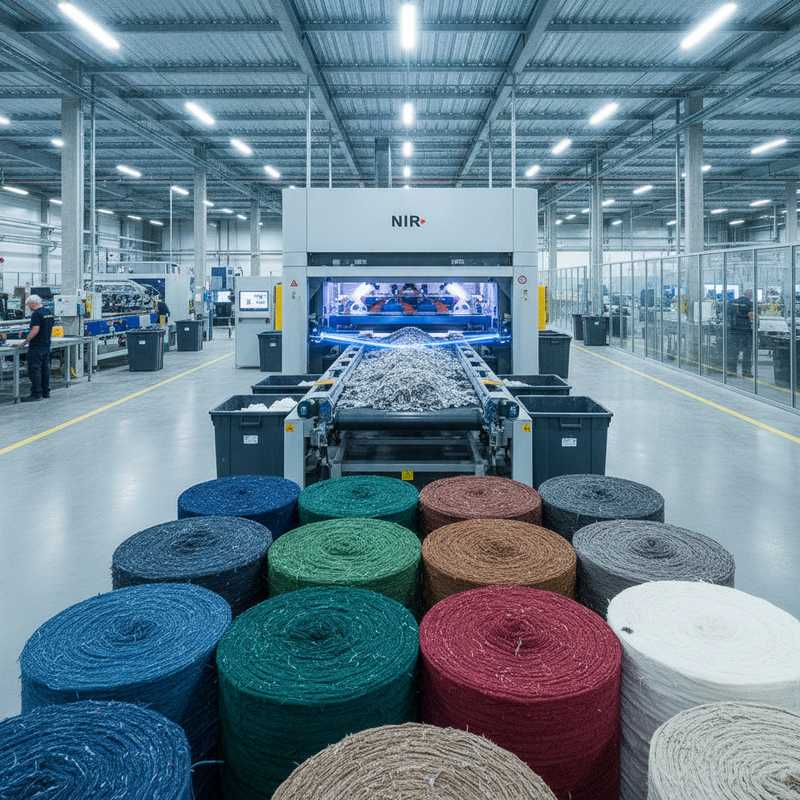 Moderne textielrecyclingfaciliteit met NIR-sorteertechnologie en gesorteerde vezels op rollen