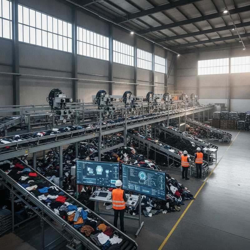 Interieur van een modern textielsorteercentrum met transportbanden vol kleding en geautomatiseerde sorteerapparatuur