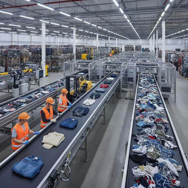 Industriële textielsorteerfaciliteit met transportbanden en balen kleding in verschillende kwaliteitscategorieën