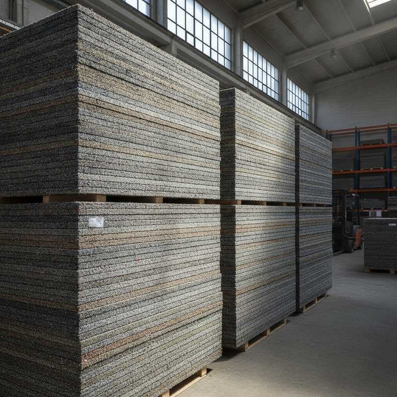 Stapel moderne constructiepanelen gemaakt van gerecycled textielafval in industriële opslagruimte
