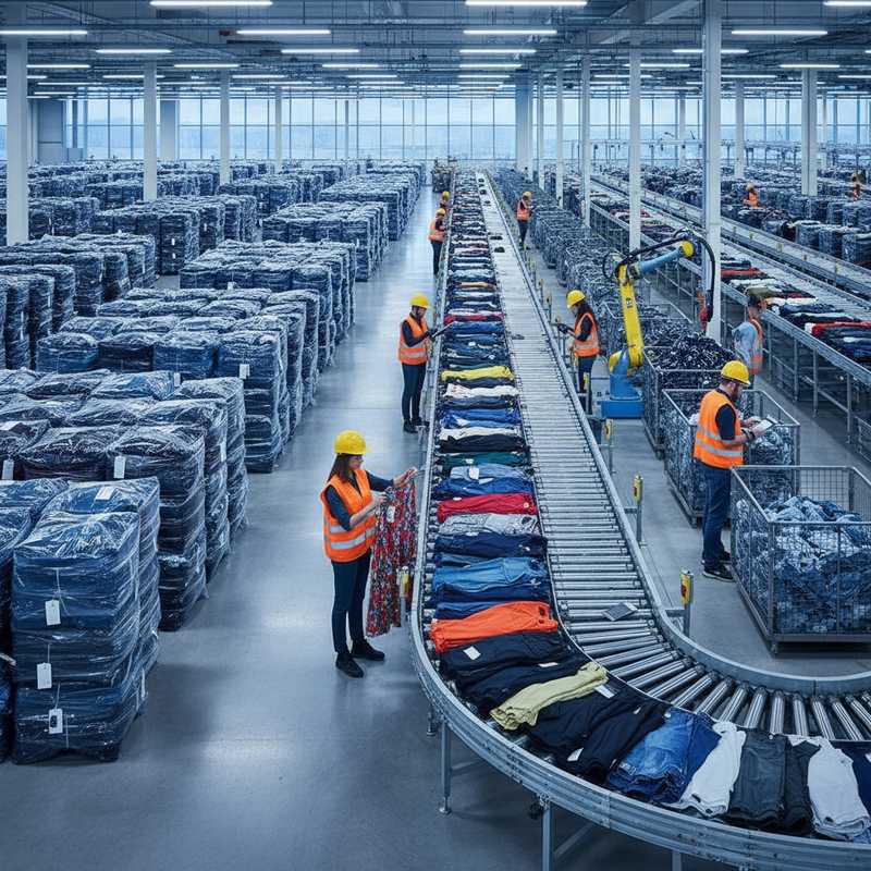 Modern textielsorteercentrum met stapels onverkochte kleding en automatische sorteerapparatuur