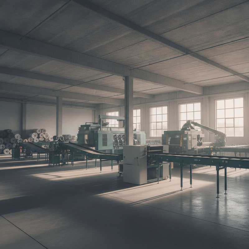 Lege moderne textielsorteerfaciliteit met stilstaande transportbanden en geautomatiseerde sorteerinstallaties