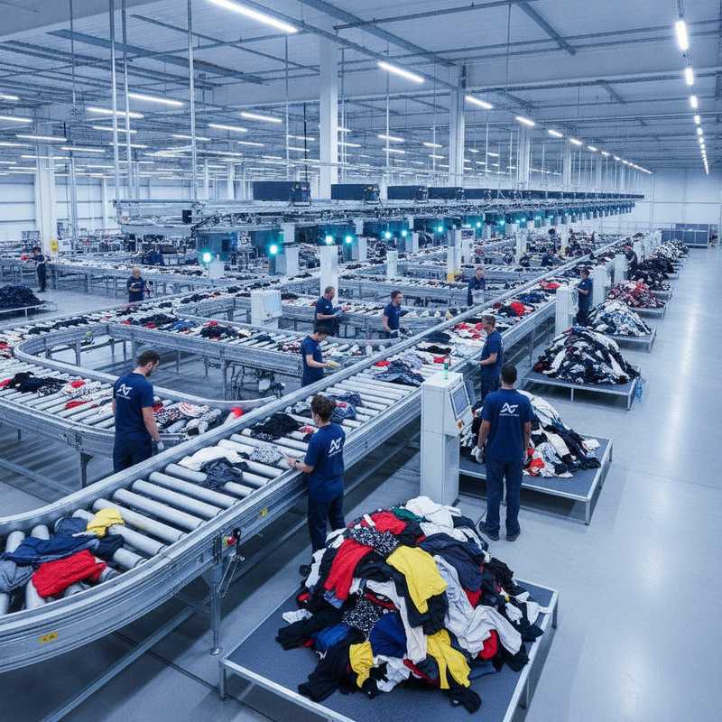 Moderne textielsorteerhal met geautomatiseerde banden en NIR-scanapparatuur voor vezelherkenning