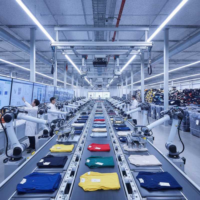Geautomatiseerd textielsorteerbedrijf met robotarmen en scanapparatuur die onverkochte kledingstukken verwerken